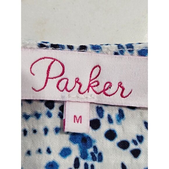 Parker Medium Silk 3/4 Sleeve Beverly Blouse Botanical Dots Floral Blue White - Picture 3 of 11